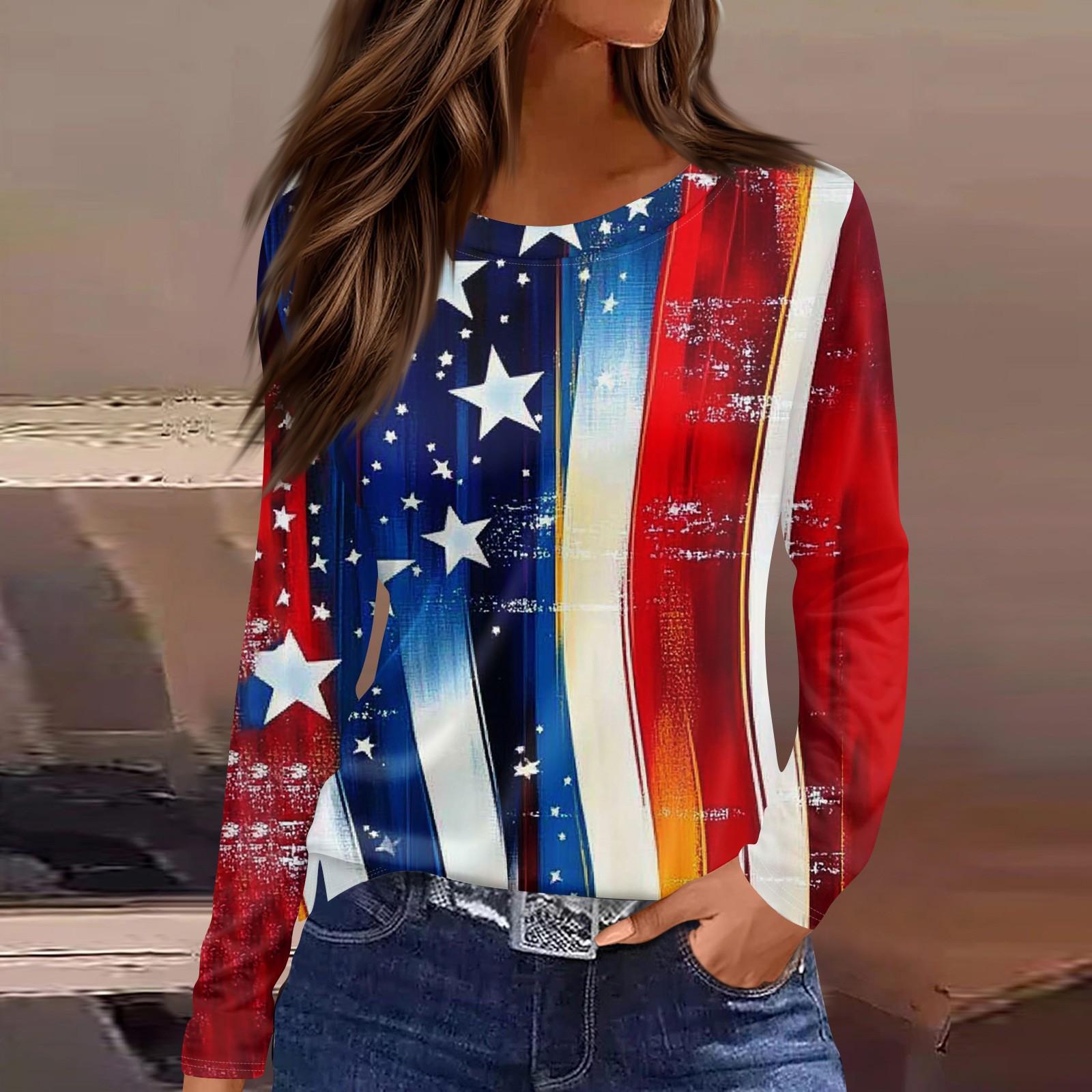 

Women s Fashion Slit Hem Independence Day Printed Round Neck Long Sleeve Top L синий