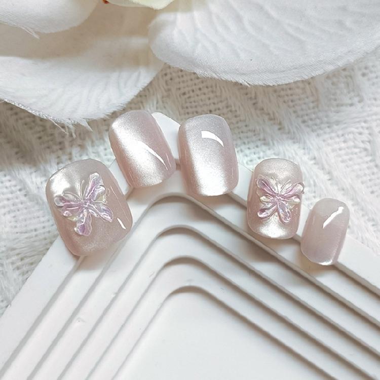 24x Glossy Full Cover False Nail 3D Butterfly Press On Nail Cats Eye Stick on Nail Elegant Acrylic Nail