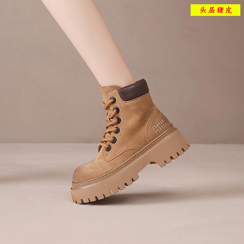 First layer pigskin Martin boots women's 2025 thick-soled heightening outdoor rhubarb boots versatile retro British style tooling short boots