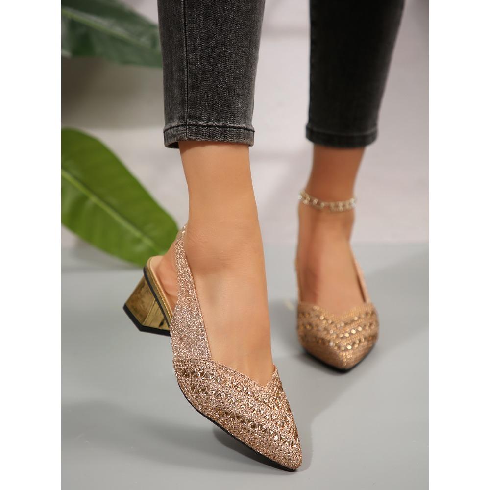 Scarpe da Lavoro da Ballo Basse con Strass Appuntati per Donna, Bocca Bassa Texture Metallica