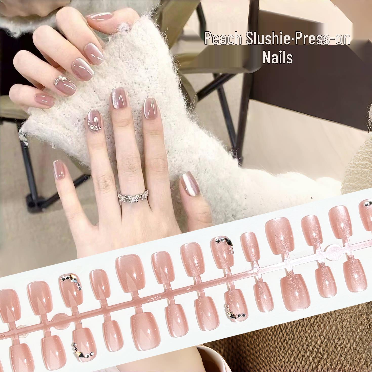 

Cherry Blossom Pink Cat Eye Crushed Diamond Press-On Nails, Peach Smoothie Nude, Advanced Whitening, Short Style. YM351-S Peach Smoothie [All S]