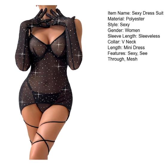 Sexy Mesh Mini Bodycon Dress for Women Sparkly Glitter Sequins Sheer See Through Cami Dress with Thong And Long Gloves