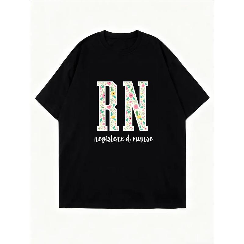 White T-Shirt With Floral RN Design And Registered Nurse Text For Nurses And Healthcare Professionals