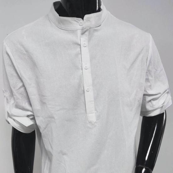 Yousheng Men Shirt Stand Collar Roll-up Long Sleeve Pullover Tops Pure Color Loose Fit Casual Shirt Travel Party Daily Wear