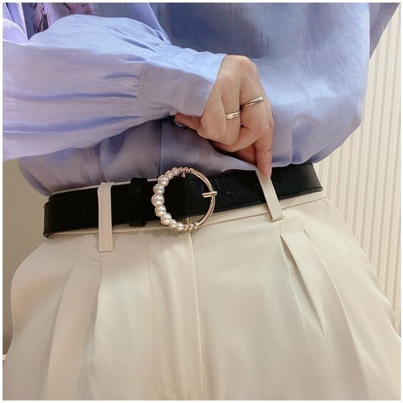 Vintage Black Fashionable Pearl Buckle Belt For Women Chic Denim Accessory Outfit