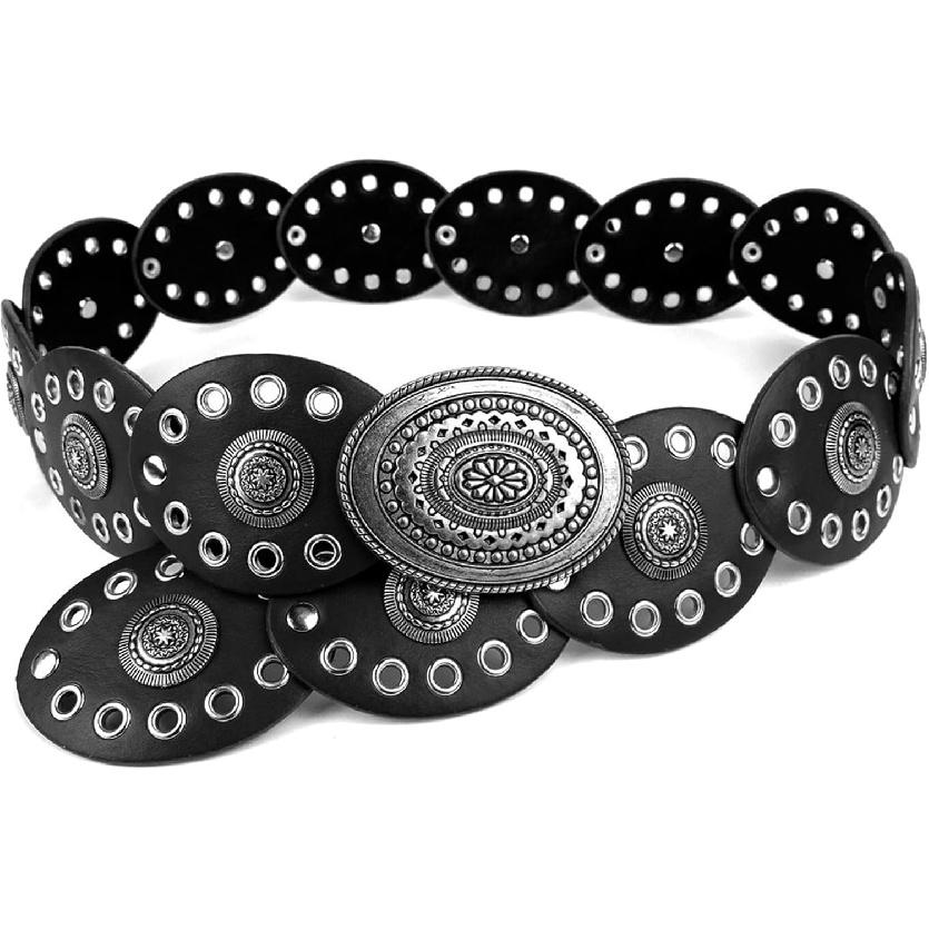 Wide Disc Belt for Women - PU Leather Western Cowboy Cowgirl Waist Belts