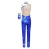 Girls Shiny Sequins Printed Gymnastics Jumpsuit: Sleeveless Asymmetrical Bodysuit Full Length Leotard 1Pc Glove for Figure Skating Dance Performance