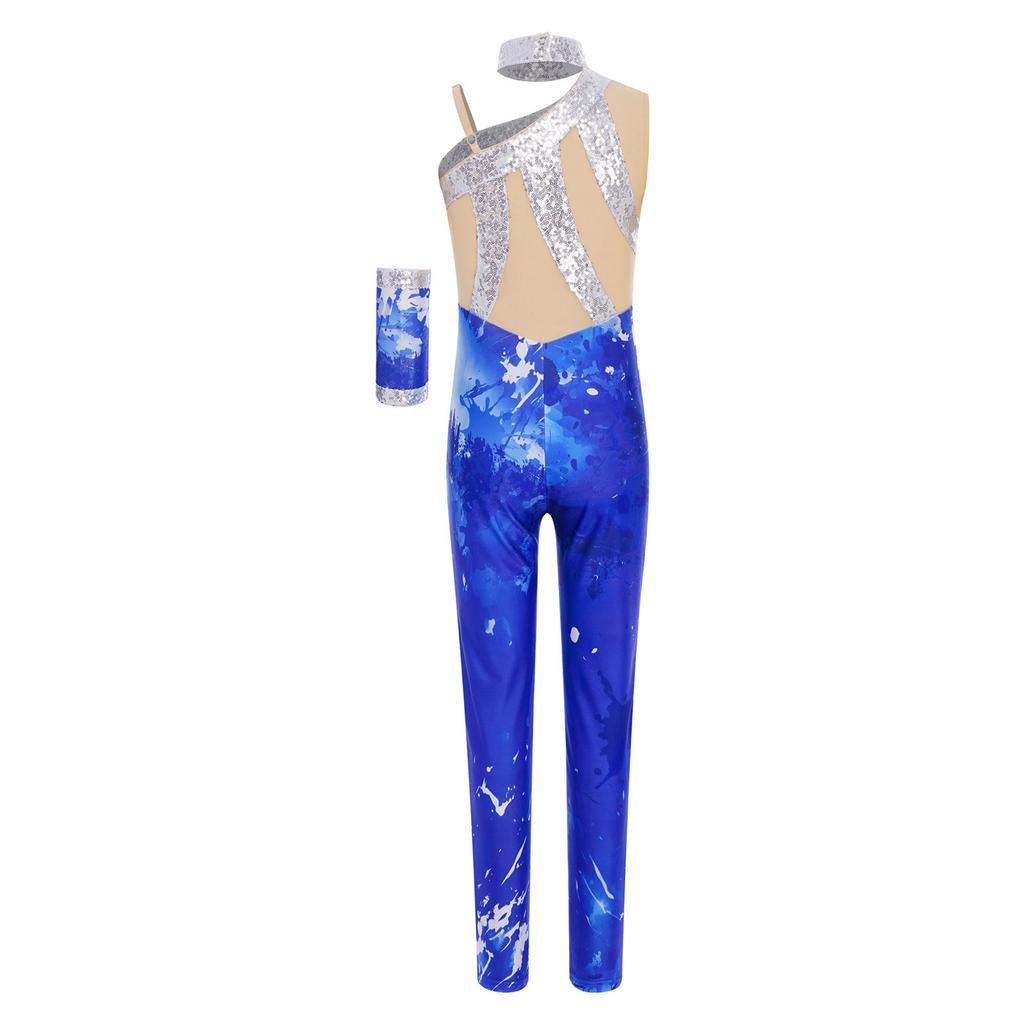 Girls Shiny Sequins Printed Gymnastics Jumpsuit: Sleeveless Asymmetrical Bodysuit Full Length Leotard 1Pc Glove for Figure Skating Dance Performance