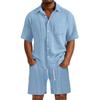 2 Piece Men’s Waffle Short Sleeve Shirt Shorts Set Button Collar Pocket Drawstring Breathable Loungewear