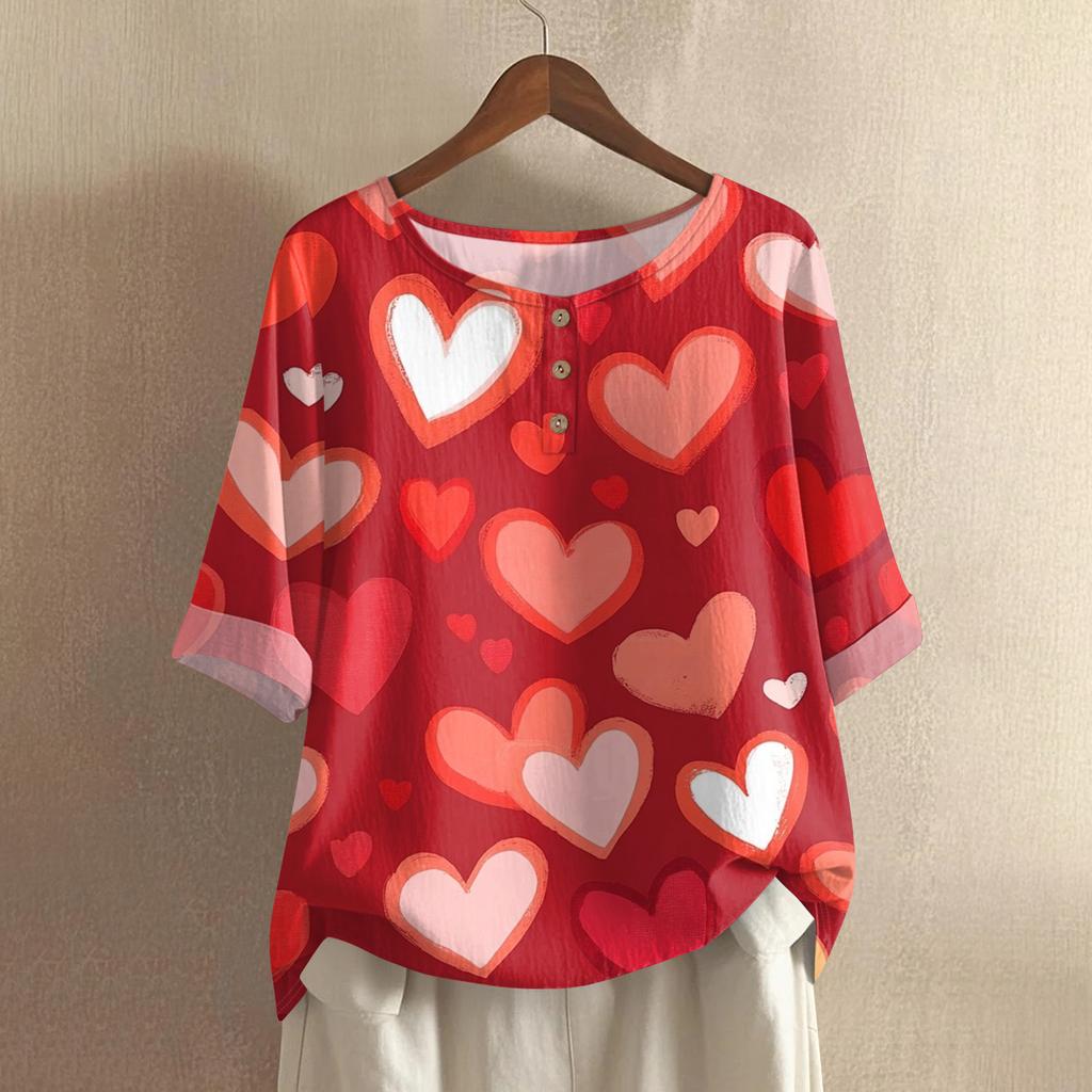 Damska koszulka z nadrukiem na Walentynki, casualowa, z krótkim rękawem, okrągłym dekoltem, z bawełny i lnu