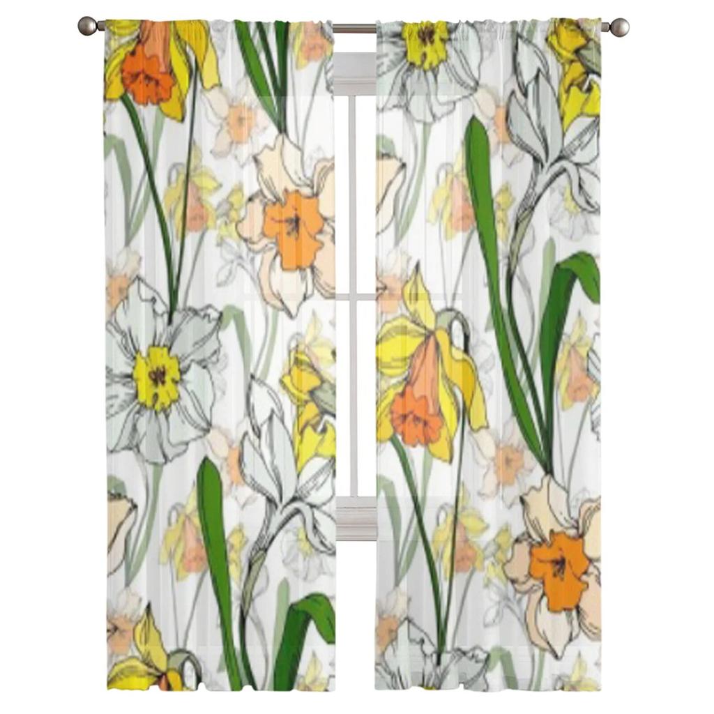 Hand Drawn Wild Rose Flower Narcissus Sheer Curtains For Living Room Modern Fashion Valance Curtains For Kitchen Tulle Curtains