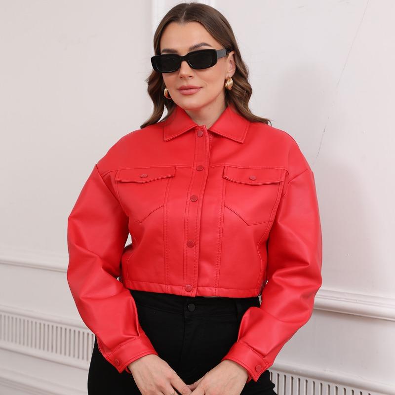 Spring and Autumn large size new loose casual leather jacket women's long-sleeved single-breasted women's short jacket large size