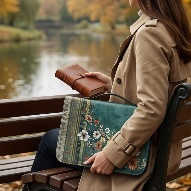 Reading Carry Bible Cover with Handle, Book Case in PU Leather Look for Church Days, Travel Use, and Shelf Storage