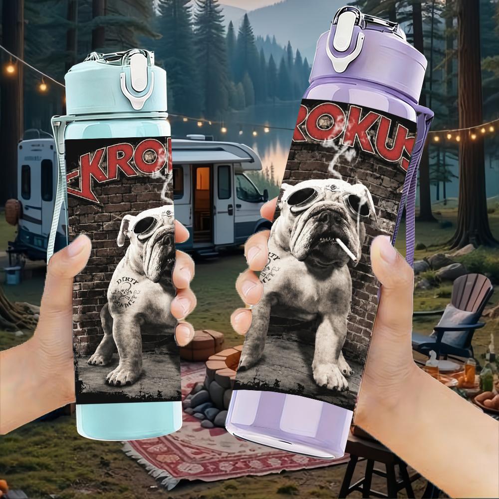 1 Stück Retro Bulldogge Hund Vintage Porträt Druck 750ml Tragbare Sportwasserflasche Auslaufsicher Reise Fitnessstudio Trinkbecher