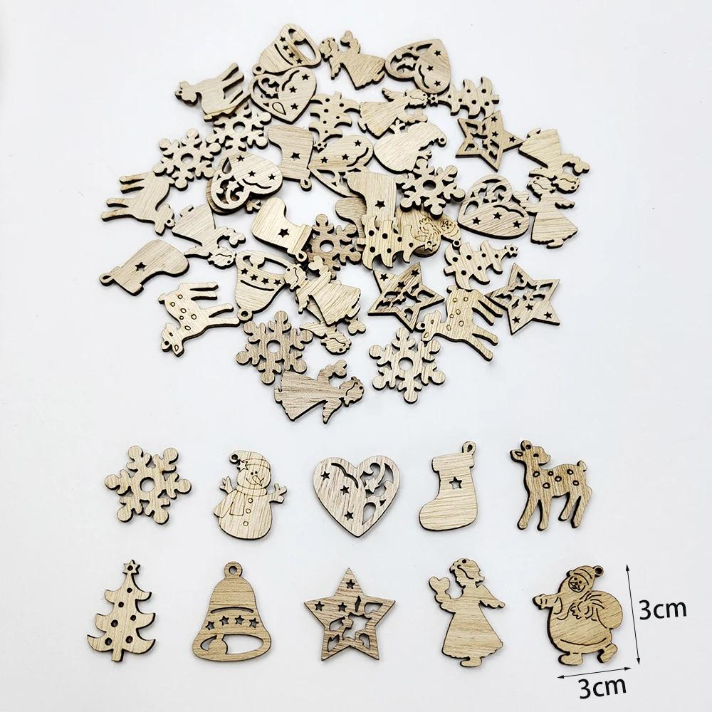 50Pcs Mixed Christmas Wood Chips Christmas Wooden Decoration Snowflake Chips Elk Xmax Tree Ornament Christmas Diy Craft Supplies