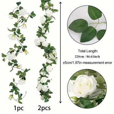2 Stück 86,61 Zoll künstliche Girlande - Weiße Rosen & künstlicher Efeu für Hochzeiten im Freien, Gartenhintergründe & Weihnachtsdekoration
