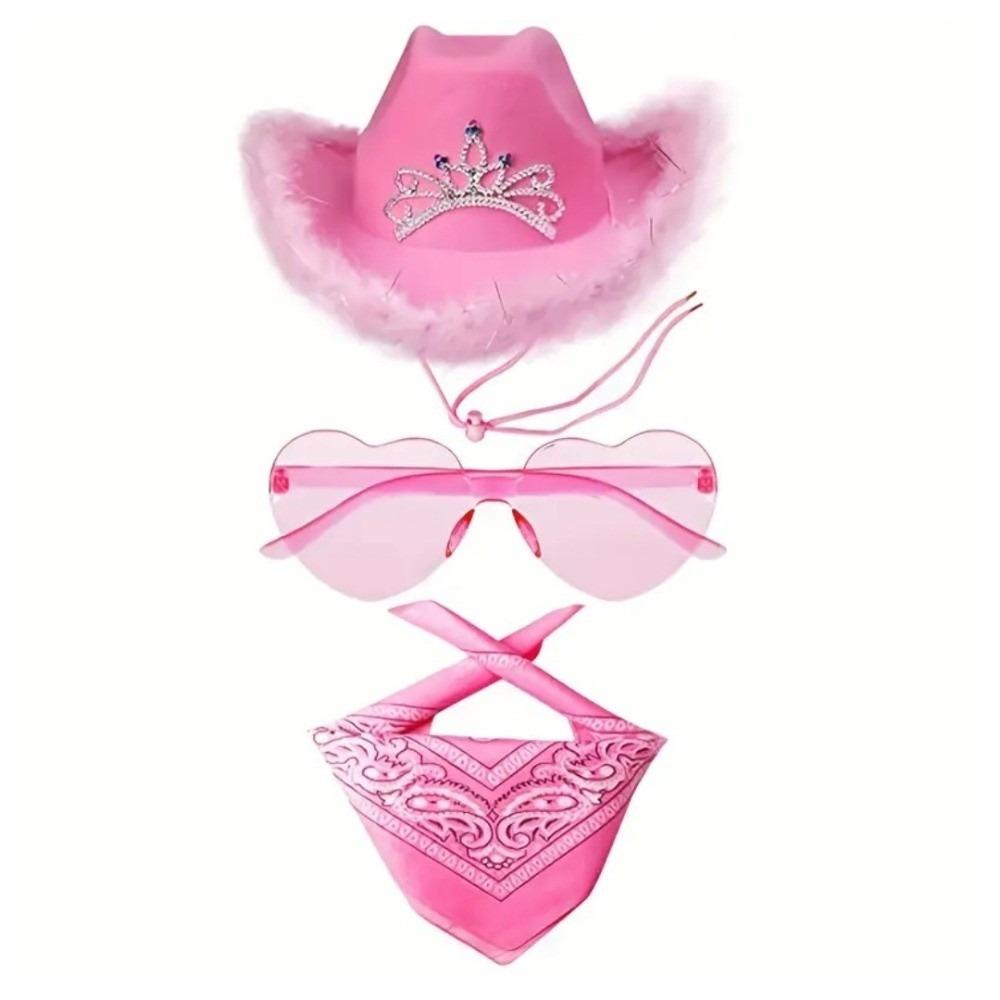 Fluffy Trim Bandana Heart-Shaped Glasses Pink Halloween Costume Accessories Set Cowboy Hat Women