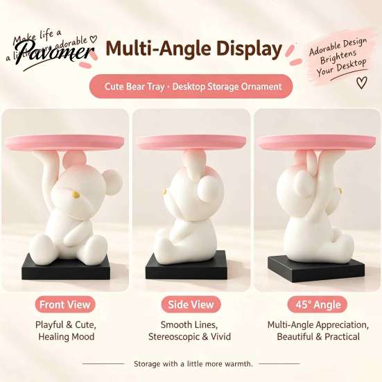 Cute Room Accessories 3D Printed Bear Jewelry Tray, Desktop Storage Organizer for Aromatherapy Holder Keys and Trinkets, Decorative Tray Bedroom