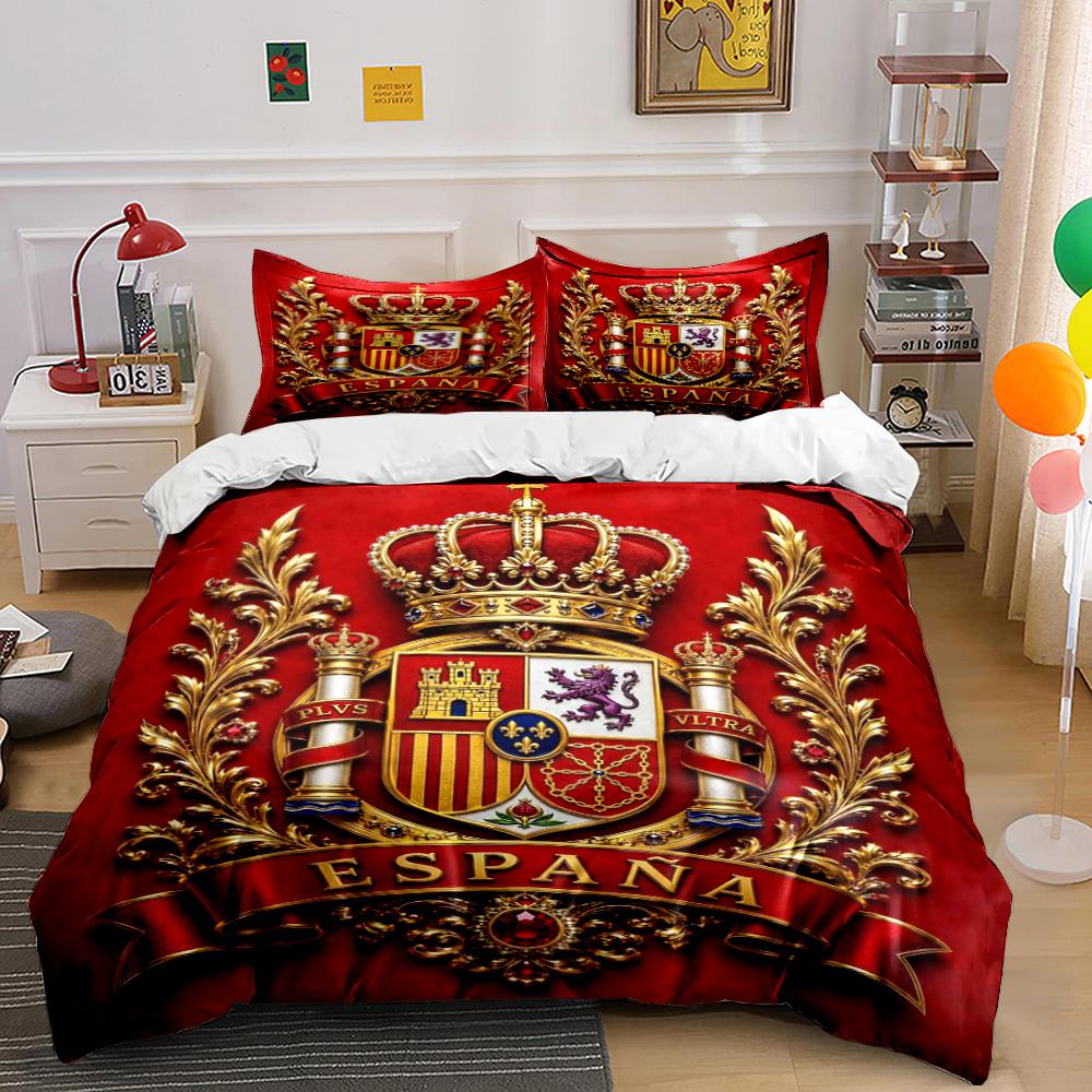Spanish Royal Emblem Bedding Set Red Design Bedding Set (1 Duvet Cover, 2 Pillowcases, Duvet Not Included)