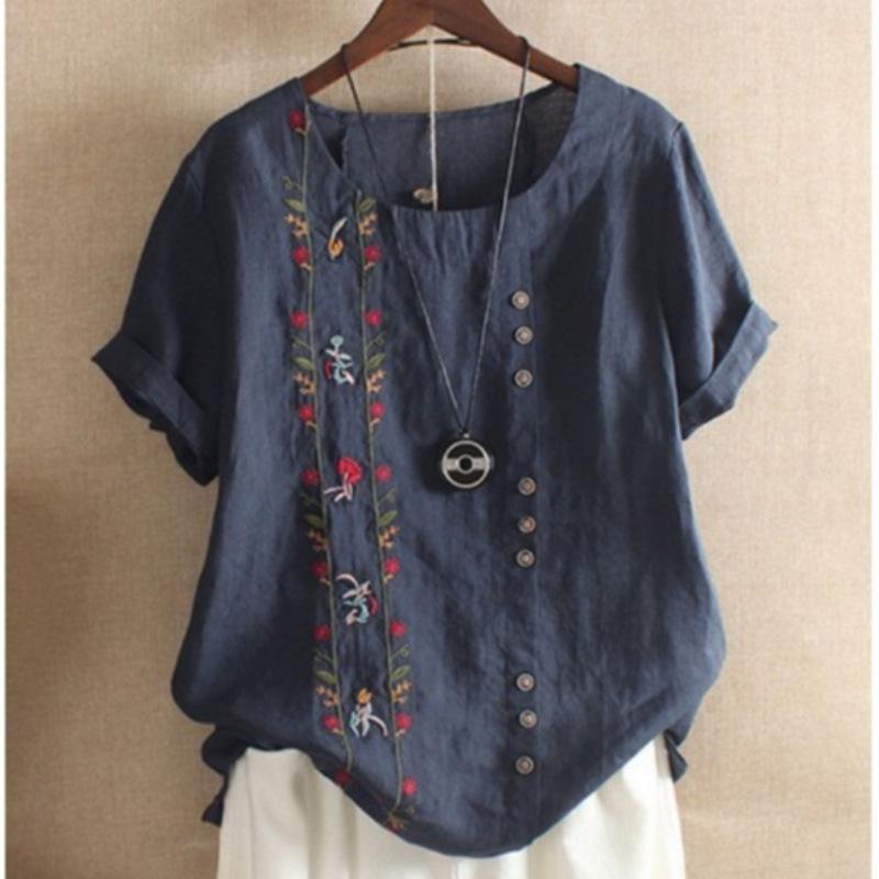 Women's Retro Cotton Linen Embroidered Short Sleeve Casual Shirt, 2022