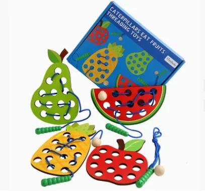 Wooden Lacing Toy Educational Fruits Threading Activity Puzzles Studying Fine Motor Skill Car Toy Set for Toddlers Kid Best Gift