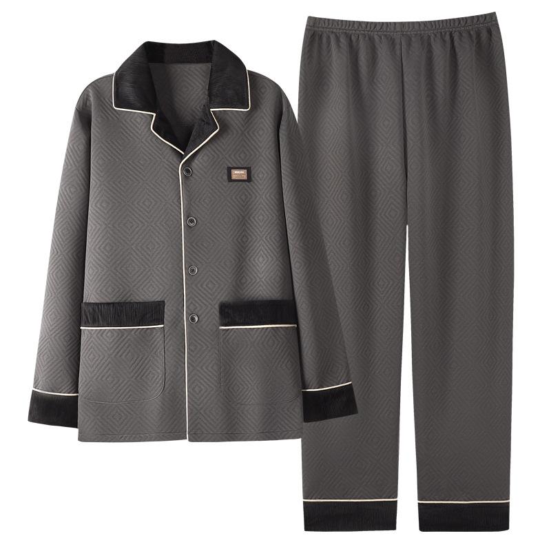 Pajamas Men'S Spring And Autumn Thickened Pure Cotton Interlayer Air Cotton Homewear Men'S Autumn And Winter Interlayer Middle-Aged Dad Suit