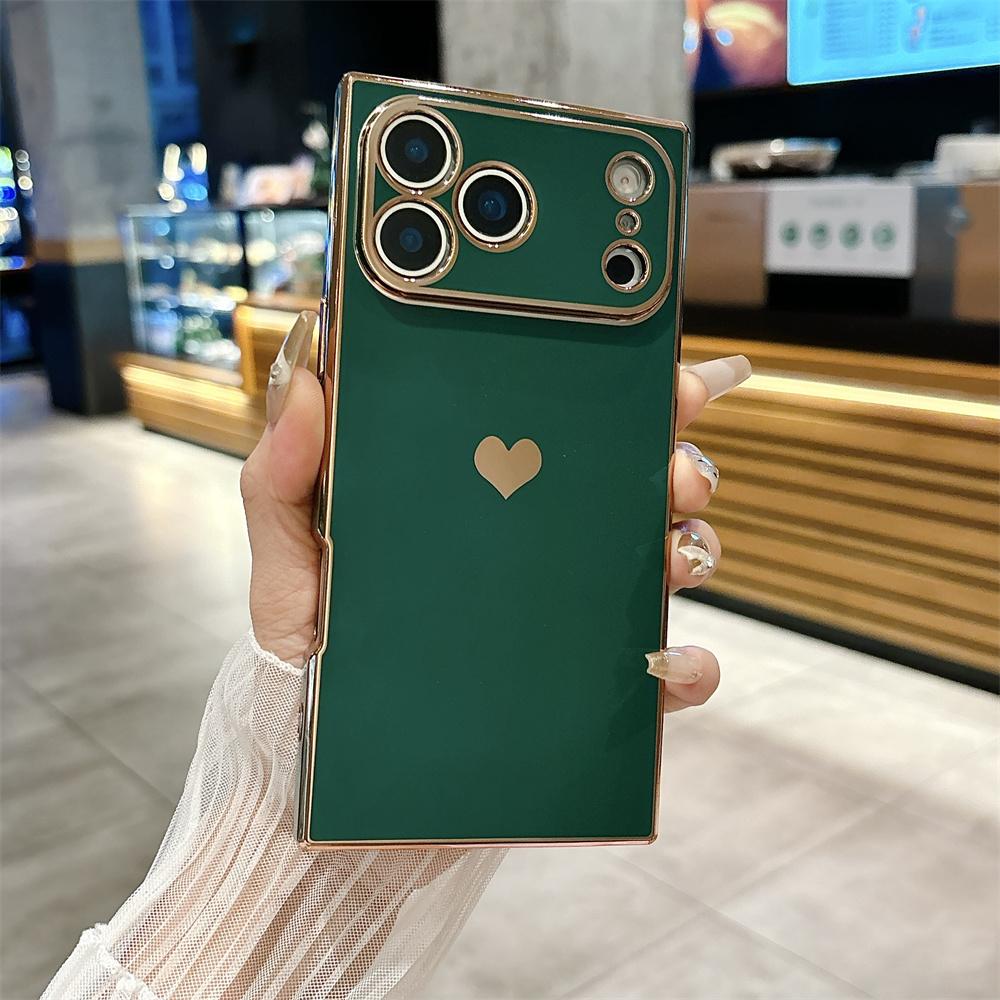 Fashion Plating Glossy Silicone Heart-Shaped Case For IPhone 17 Pro Max Air 16 15 14 13 12 11 Plus Shockproof Bumper Back Cover