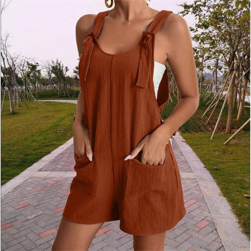European And American Women's Summer Casual Solid Color Suspender Shorts One-piece Pants Adjustable Large Size Overalls Cool And Comfortable