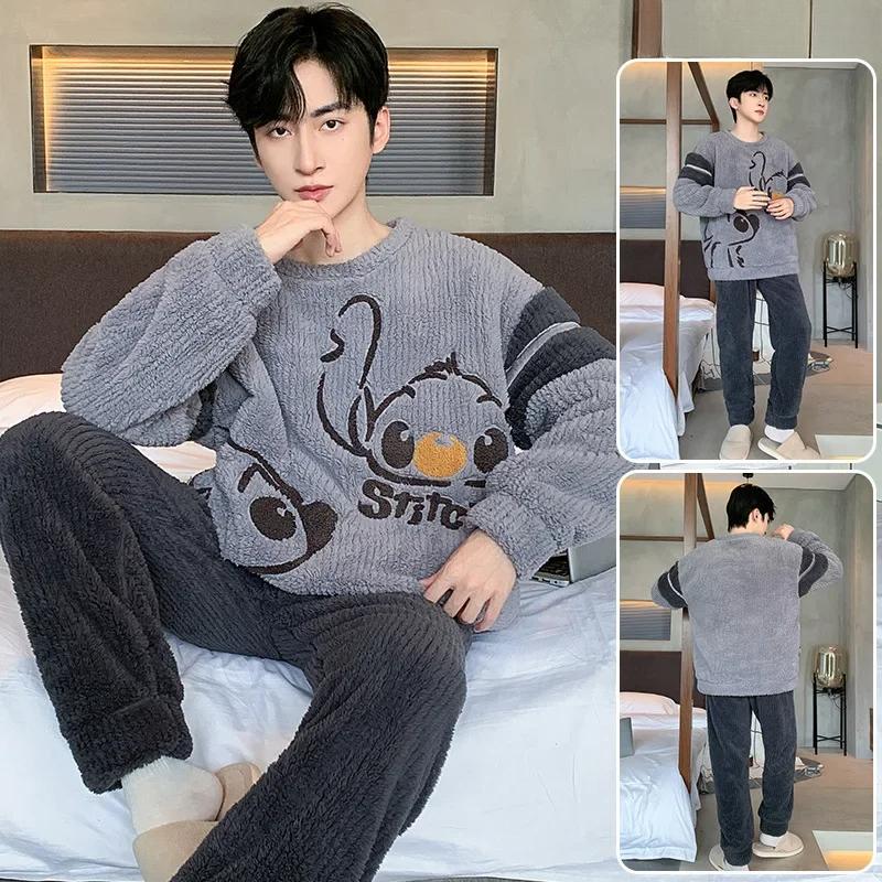 Pijama de Diseño Lindo de Moda para Hombre Otoño Invierno Forro Polar Coral Espesado Cálido Suave Masculino Polar Térmico Conjunto Ropa de Casa Juvenil