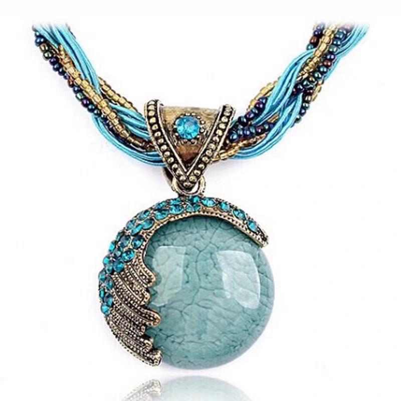 

Bohemian Vintage Turquoise Crack Stone Pendant Multi Strand Braided Rope Necklace 1pcs синий