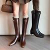 Autumn and Winter Women's Leather Fashion Boots Solid Color Square Head Medium Heel Large Size Women's Boots New Rear Zipper Cowhide High Boots