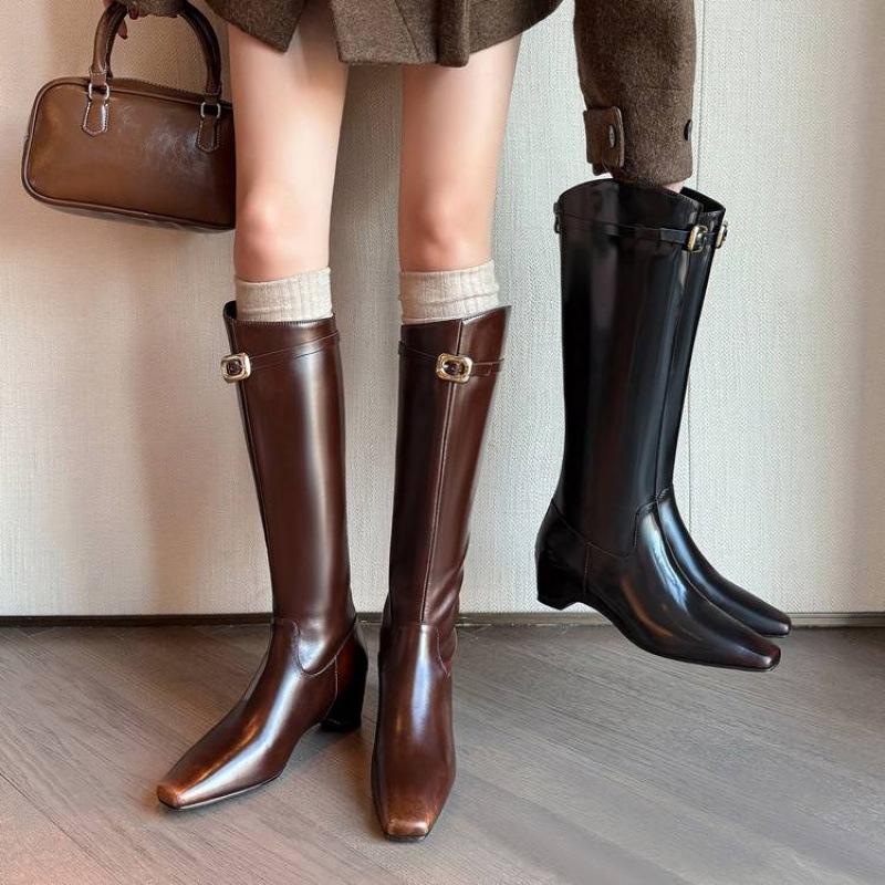 Autumn and Winter Women's Leather Fashion Boots Solid Color Square Head Medium Heel Large Size Women's Boots New Rear Zipper Cowhide High Boots