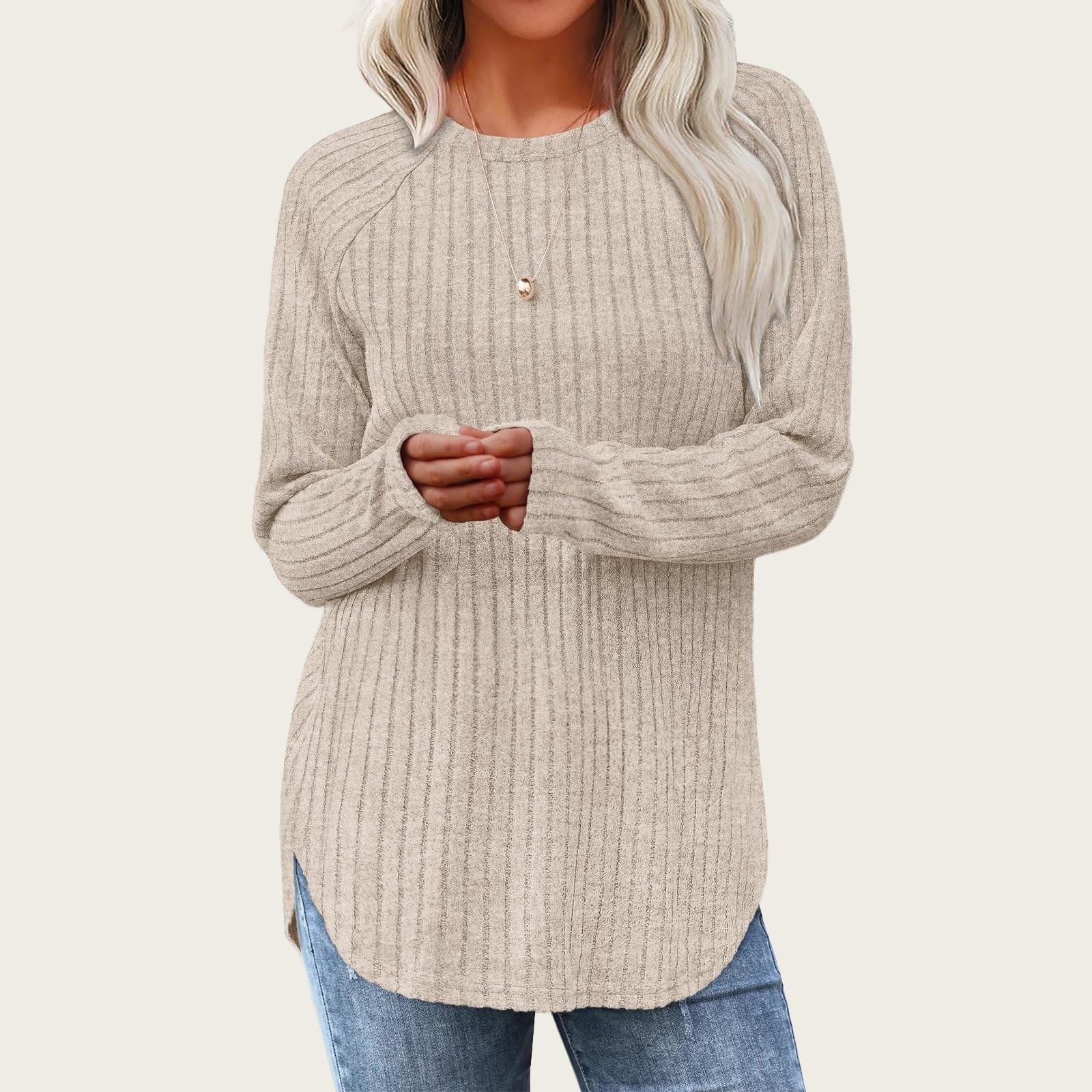 

Women s Solid Color Long Sleeve Round Neck High and Low Curved Hem Loose T-shirt S абрикосовый