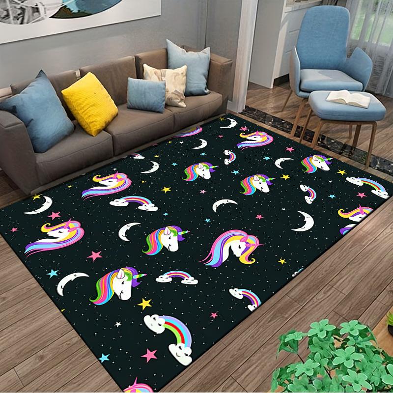 Colorful Unicorn Pattern Carpet with Stars, Moons, and Rainbows Design Suitable for use as an anti-slip for living room bedroom sofas