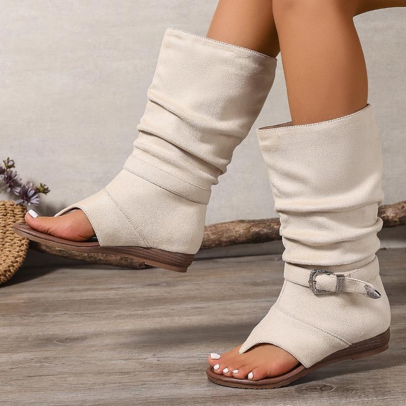 2025 Summer New Sandals Round Toe Clip Toe Flat Inside Increasing Suede Soft Sole Non-slip Stack Boots