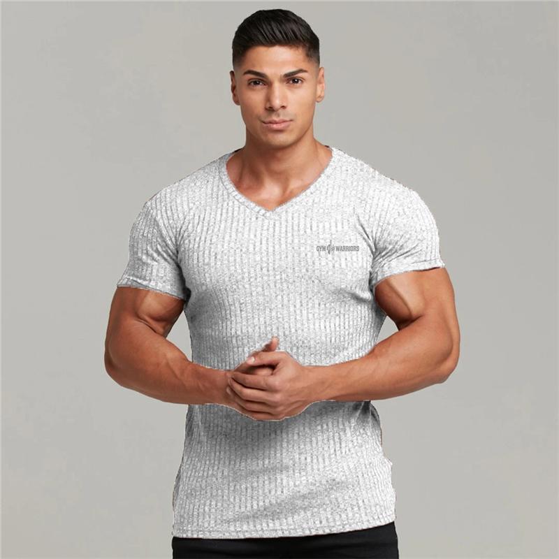 

Muscleguys Summer Knitted Quick Dry V-neck Short Sleeve T-Shirts Mens Fitness Slim Fit Sports Casual Shirt Gym Bodybuilding Muscle Clothing XXL білий
