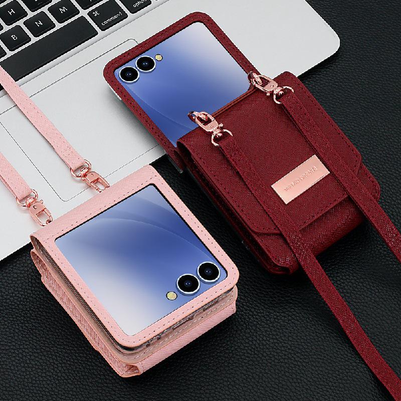 Stylish multi-card slot coin purse/phone case for Samsung Z Flip7, drop-proof, foldable, anti-lost, includes long crossbody strap.