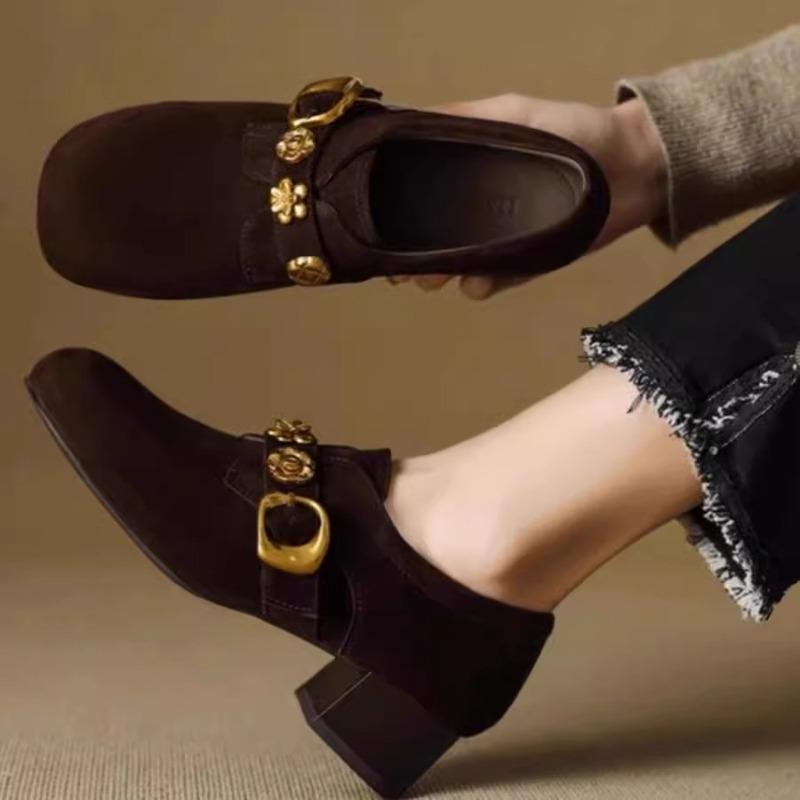 Fashion Women's 2025 Spring and Summer New Retro Versatile Deep Mouth Round Toe Block Heel Single Shoes Kitten Heel Loafers