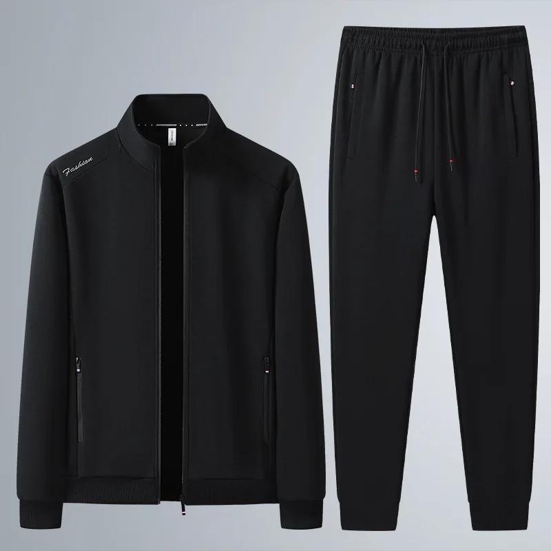 Tuta Sportiva da Uomo in Cotone Primavera Autunno Collo Alto Felpa Mezza Età Anziani Casual Elegante Cardigan Vestibilità Larga 2 Pezzi