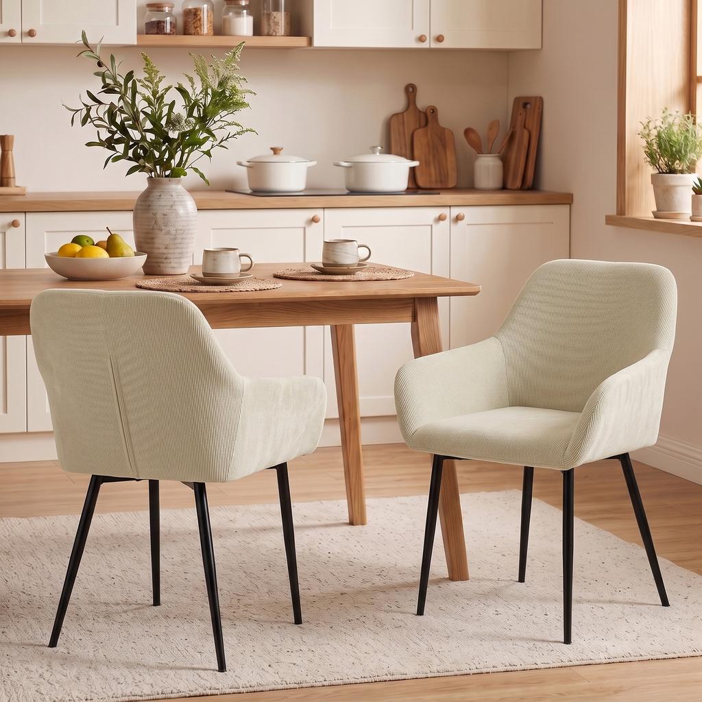 Dining Chairs, Set of 2, Corduroy Upholstered, Armrests, Backrest, Cream