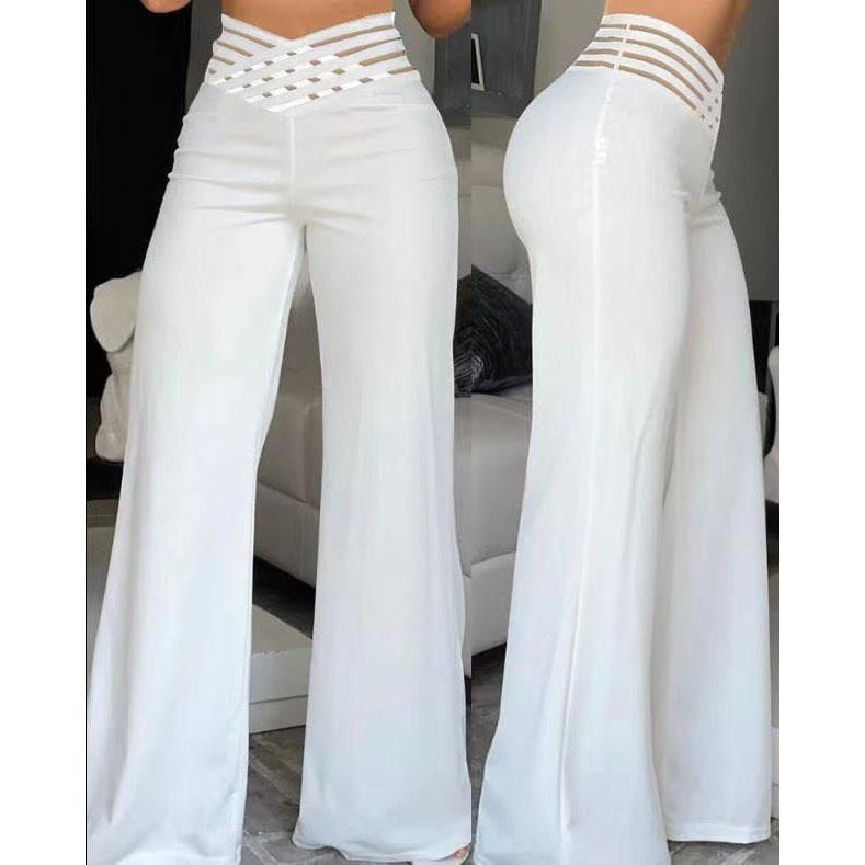 Women Elegant Work High Waist Trousers Autumn Casual Crisscross Sheer Mesh Patch Women Wide Leg Flared Pants Plus Size