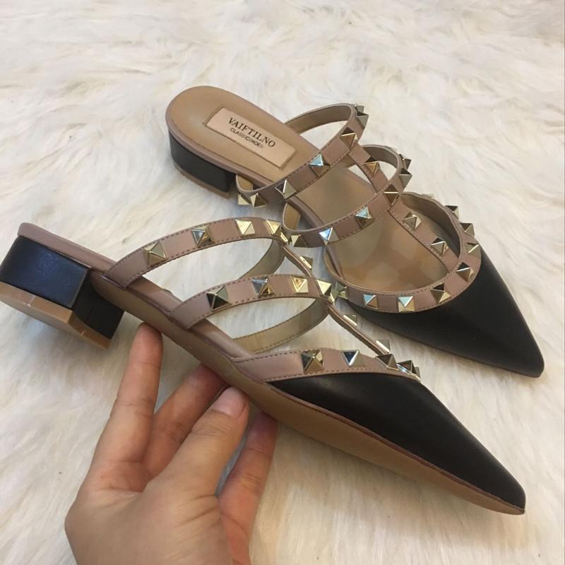 Spring and summer new rivets patent leather thick heel pointed head middle heel bag head lazy versatile half drag wear sandals women's shoes