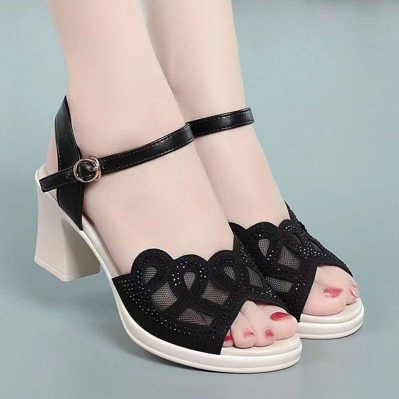 Real soft leather fish mouth mesh hollowed sandals women's thick heel summer new one-word buckle middle heel versatile non-slip shoes children