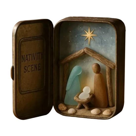 

Coastal Nativity Scene Ornament Handcrafted Sea Glass Art Mini Nativity Scene in A Tin Collectible Holy Family Decoration Christian Gift for Ocean 1pc