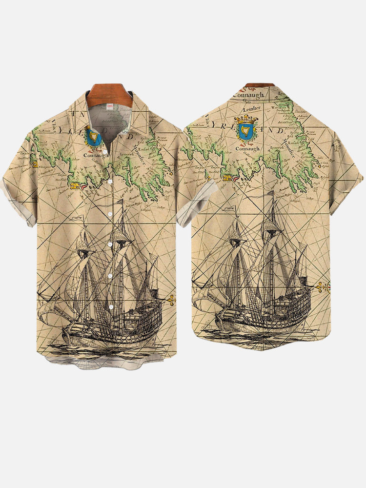 Mermaid retro printed shirts Men's European and American pattern Summer casual short sleeved shirt Hawaiian button