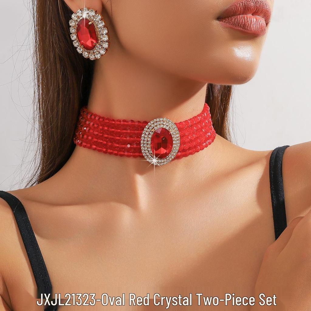 Luxusní vícevrstvý geometrický křišťálový choker a sada barevných náušnic