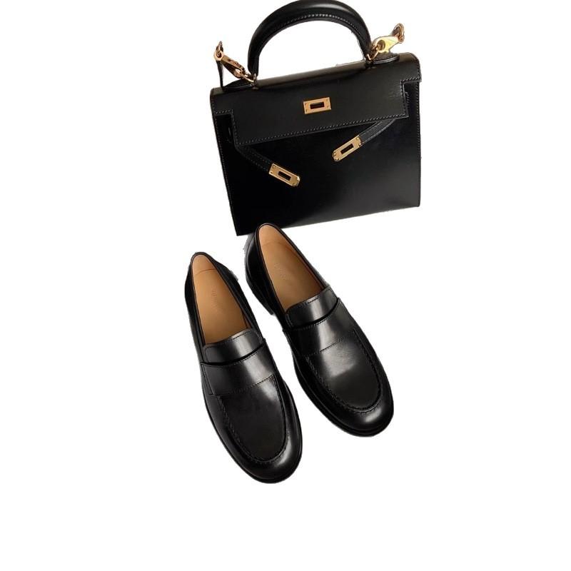 Cowhide version~ Genuine leather handmade British style small leather shoes women's thick heel flat-soled retro single shoes one pedal loafers