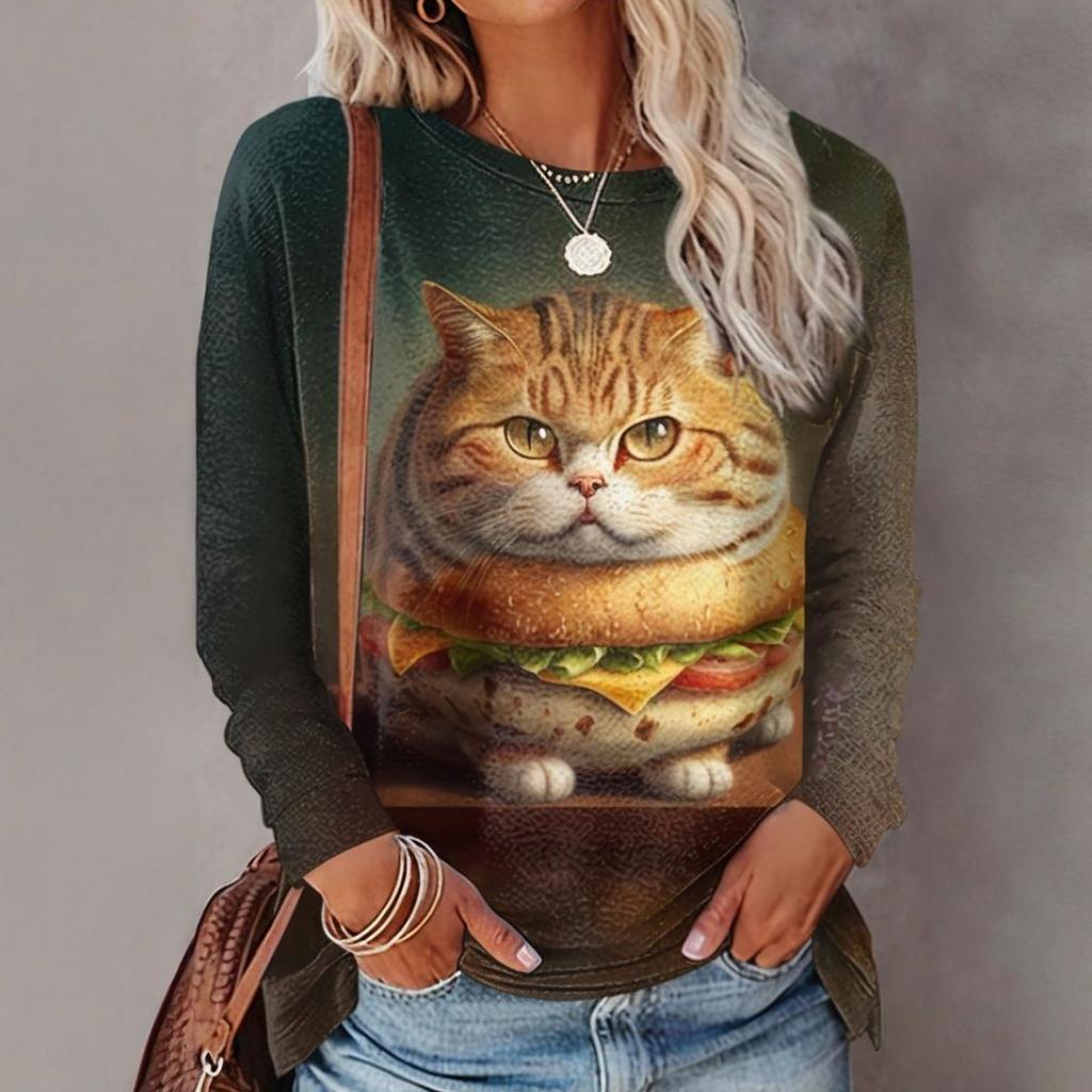 Women's Long-Sleeved T-Shirt for Fall Cartoon Animal Cat Print Fashionable Round Neck Long-Sleeved Top OverSize Women's Clothing