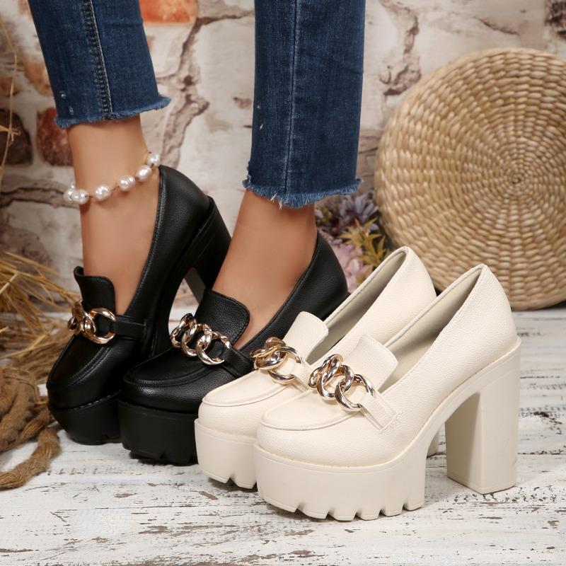 Metal Chain Professional Shoes Women's 2025 Autumn New Thick-heeled Plus-size High-heeled Shoes