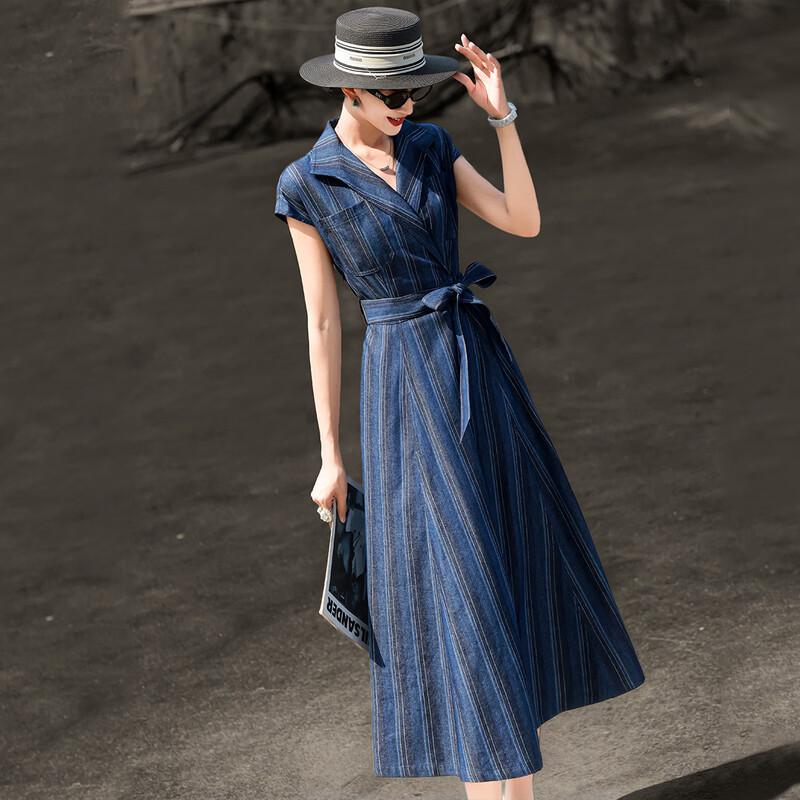 Elegant V-Neck Striped Cotton Blend Tie-Waist Midi Dress XL